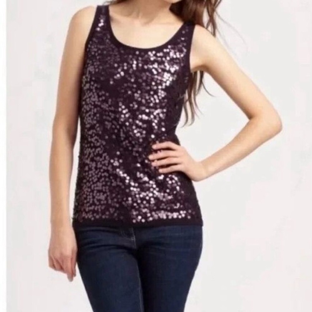 Eileen Fisher Purple Sequin Tank‎ Top MERINO WOOL Womens Petite Large
